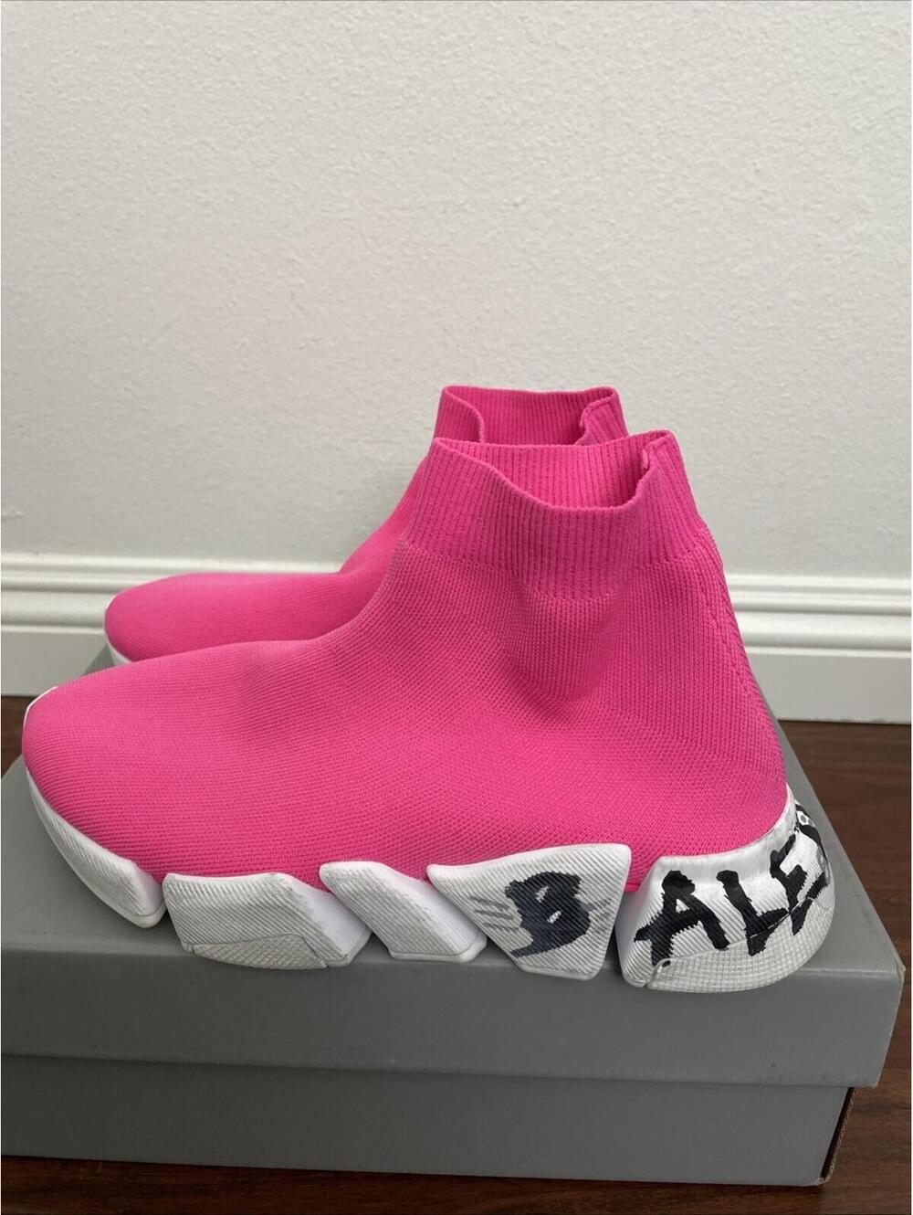 BALENCIAGA Speed 2.0 Graffiti Stretch-Knit High-Top Sneakers fluo pink size 10 - Picture 9 of 12